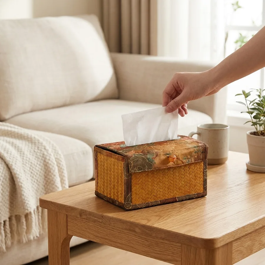 Hand-Woven Bamboo Tissue Box Cover — use scene