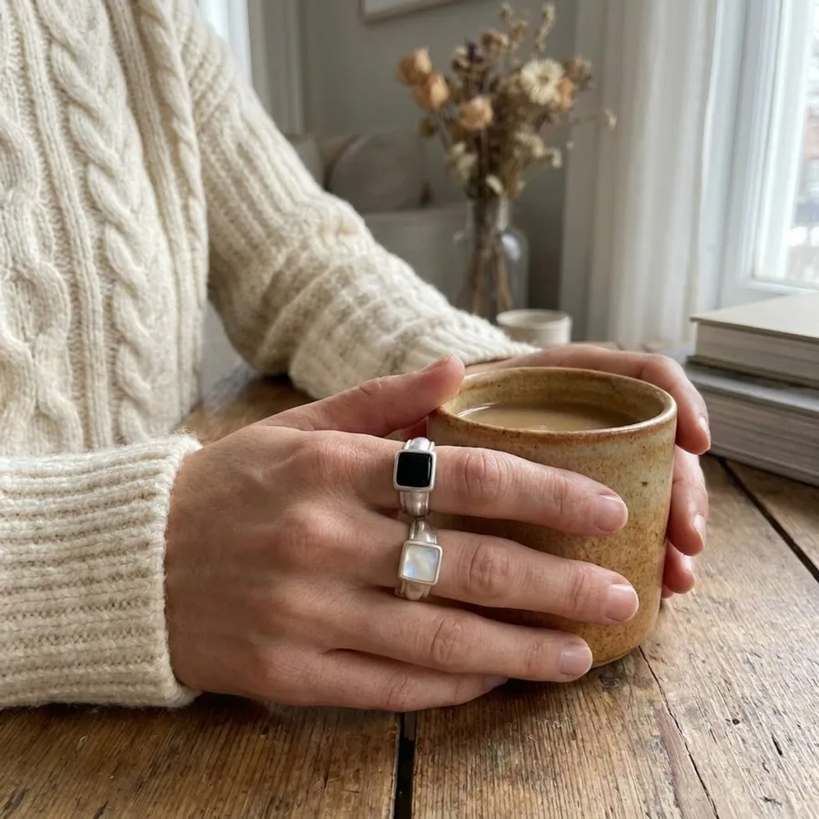 Handcrafted Sterling Silver Ring with Black Onyx and Mother of Pearl — use scene