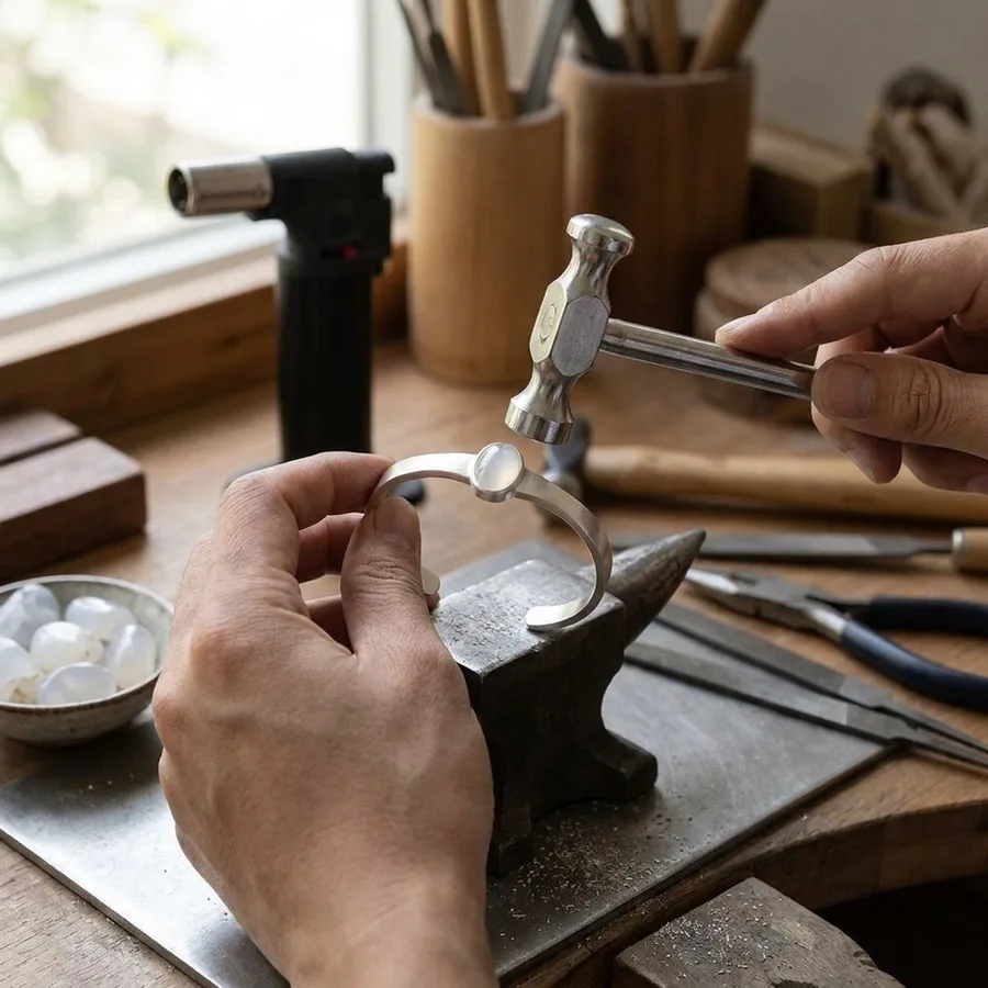 Adjustable 925 Sterling Silver & White Agate Bracelet — process image