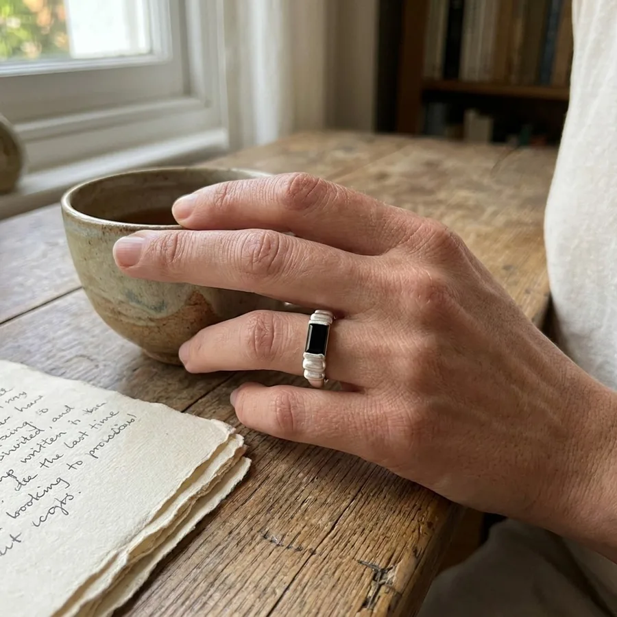 Handcrafted Rectangular Black Onyx Sterling Silver Ring — use scene