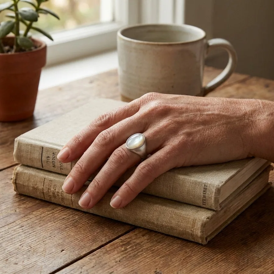 Oval Mother-of-Pearl Vintage-Style Sterling Silver Ring — use scene
