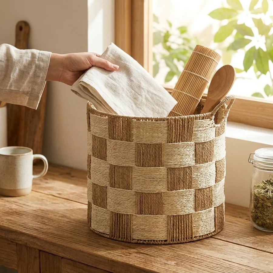 Hand-Woven Natural Paper Rope Storage Basket product view