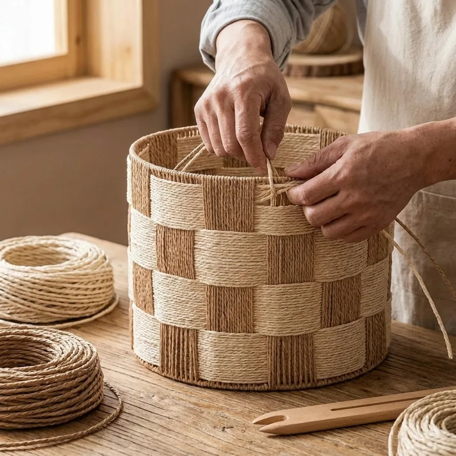 Hand-Woven Natural Paper Rope Storage Basket making process