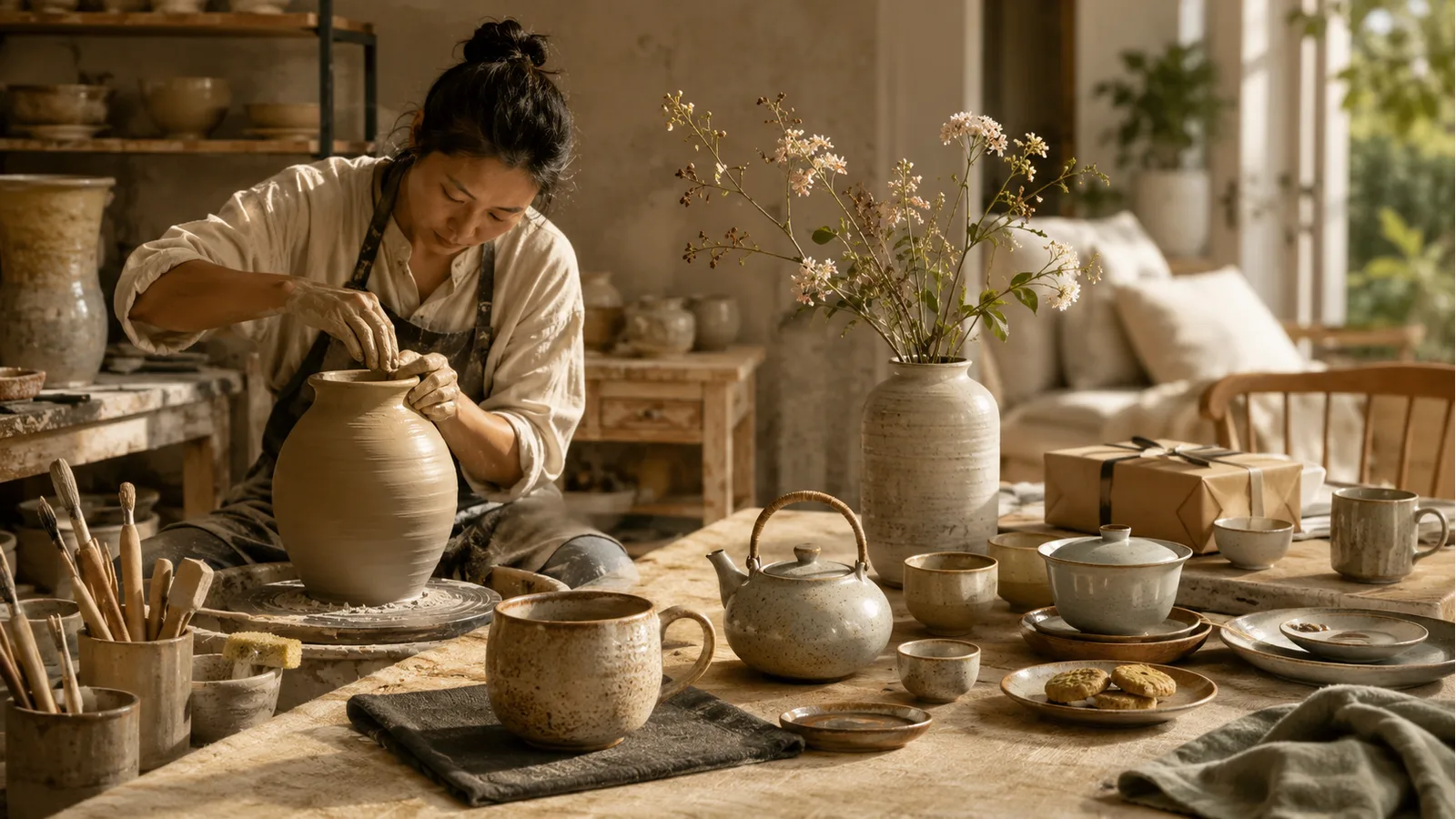 A ceramic artisan shaping a vessel beside finished handmade ceramic works