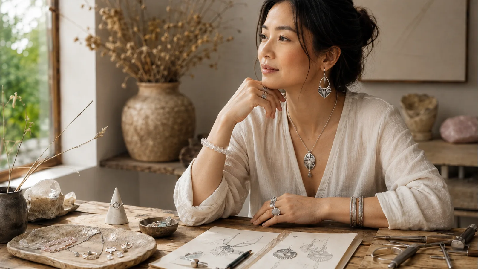 Handmade silver jewelry with engraved details arranged on a quiet textile surface