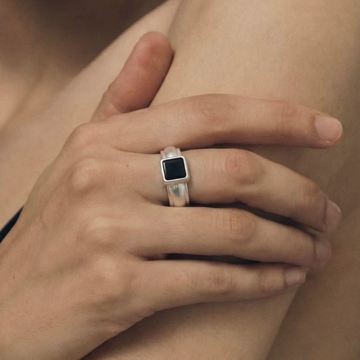 Handcrafted Sterling Silver Ring with Black Onyx and Mother of Pearl — original source image
