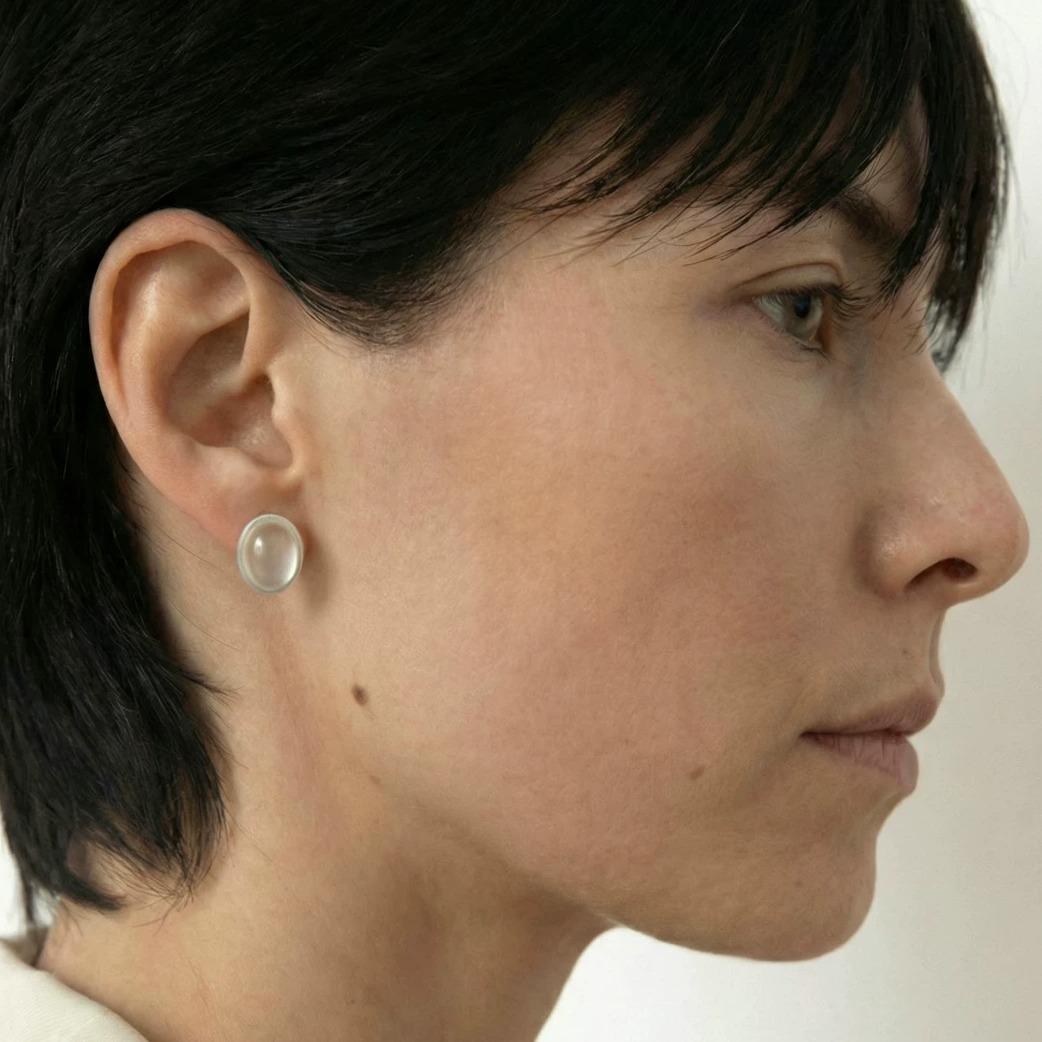 White Agate Stud Earrings with Sterling Silver Rim — original source image