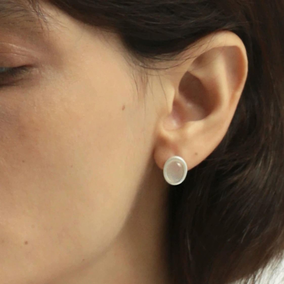White Agate Stud Earrings with Sterling Silver Rim — original source image