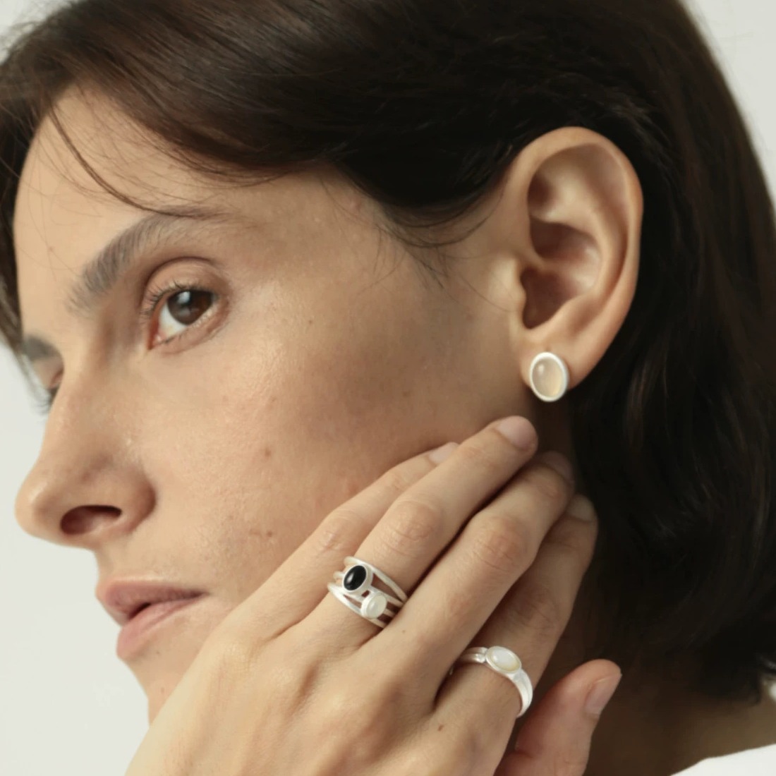 White Agate Stud Earrings with Sterling Silver Rim — original source image