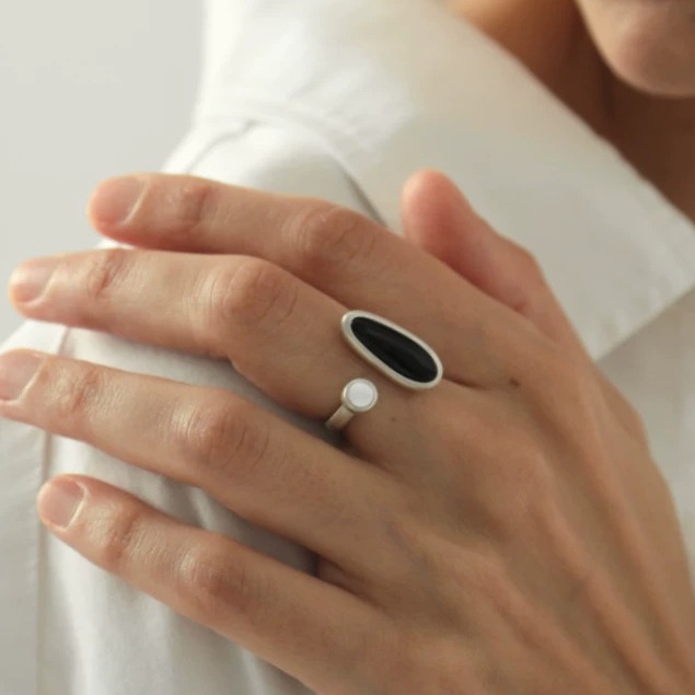 Minimalist Black Onyx and Mother-of-Pearl Open Ring in Sterling Silver — original source image