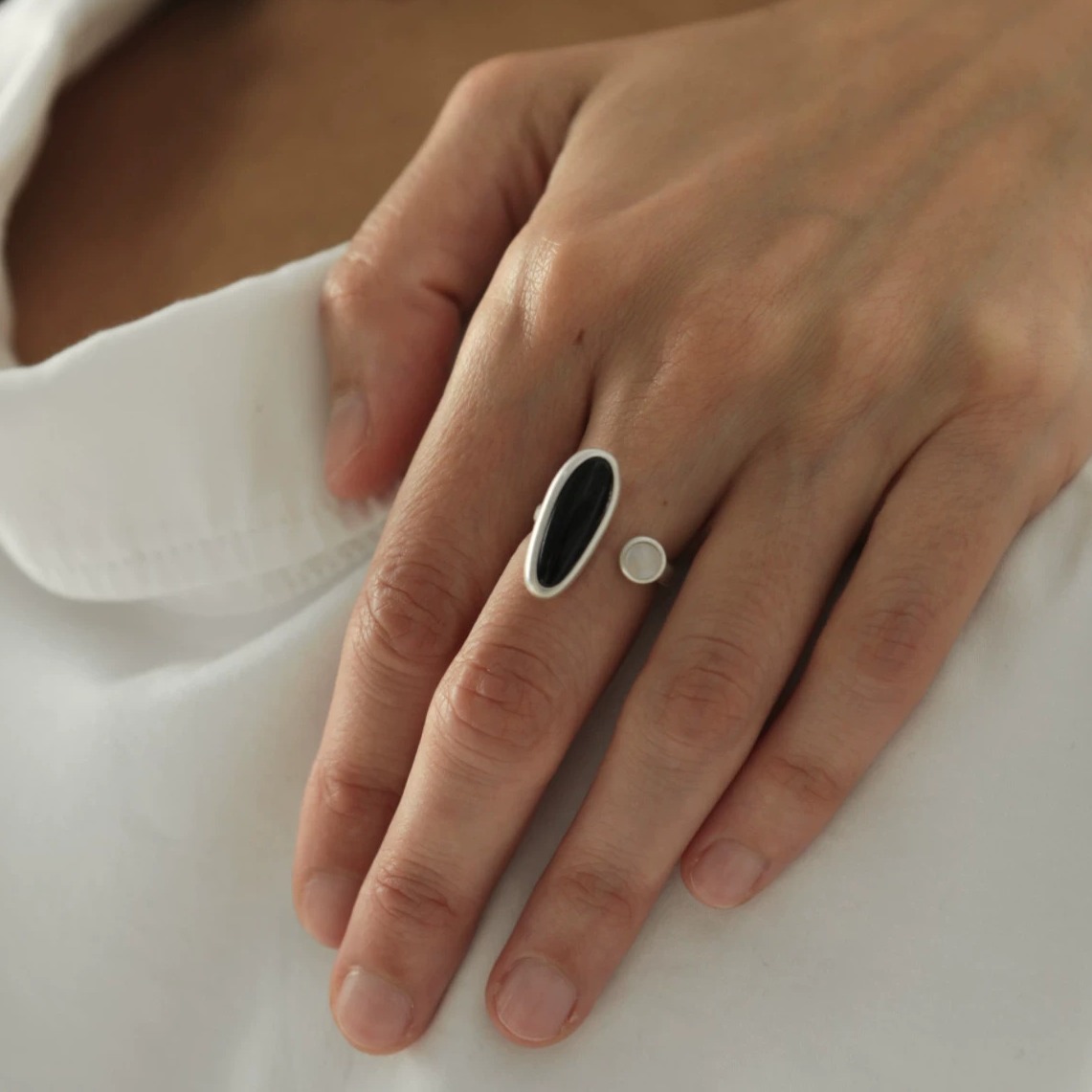 Minimalist Black Onyx and Mother-of-Pearl Open Ring in Sterling Silver — original source image