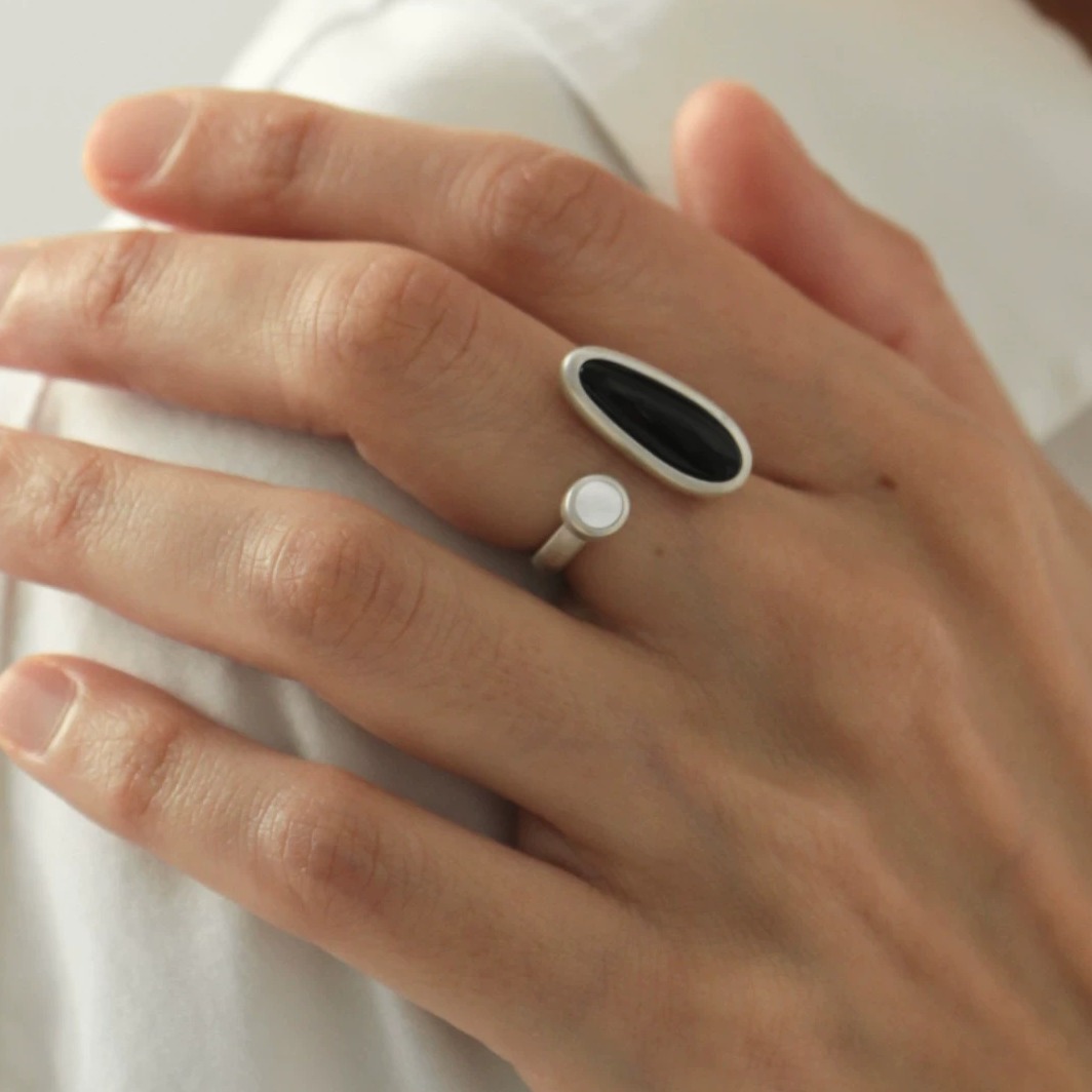 Minimalist Black Onyx and Mother-of-Pearl Open Ring in Sterling Silver
