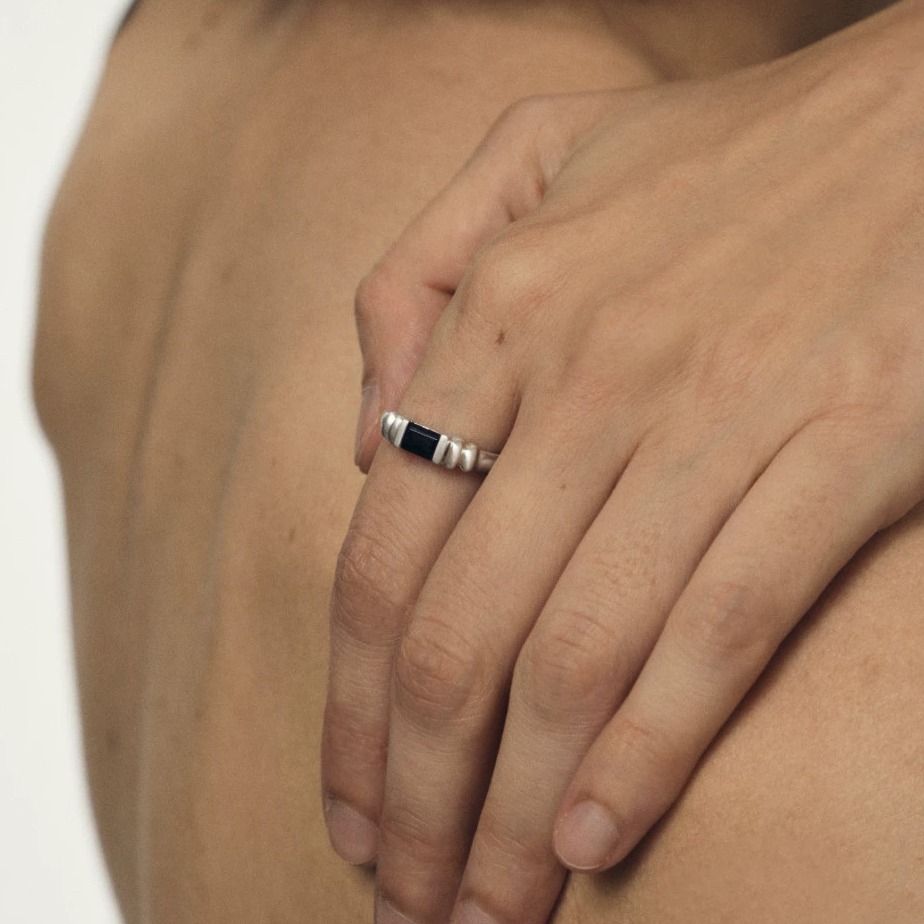 Handcrafted Rectangular Black Onyx Sterling Silver Ring — original source image