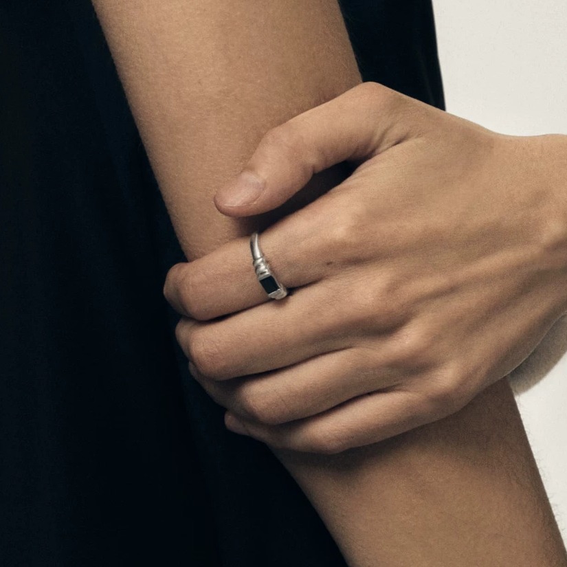 Handcrafted Rectangular Black Onyx Sterling Silver Ring — original source image