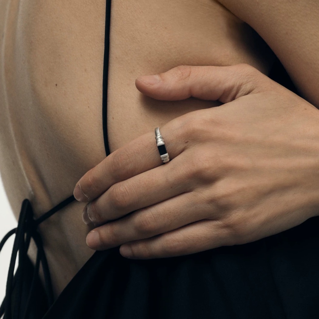Handcrafted Rectangular Black Onyx Sterling Silver Ring — original source image