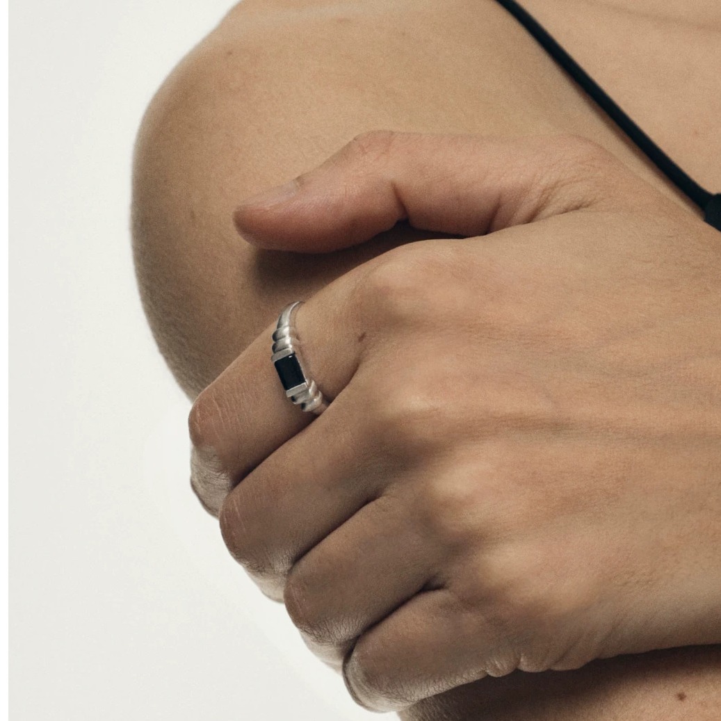 Handcrafted Rectangular Black Onyx Sterling Silver Ring — original source image