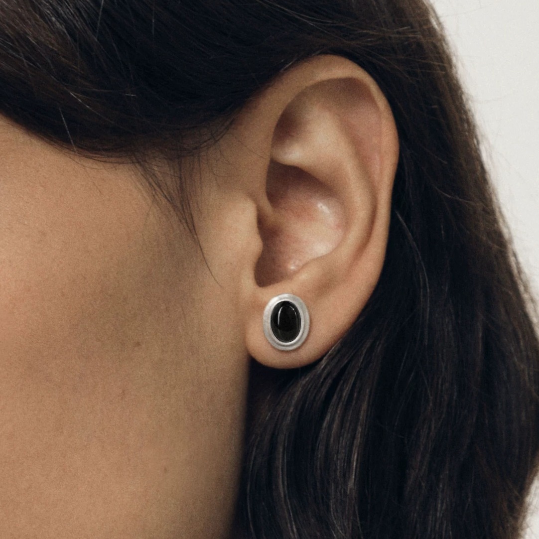 Handcrafted Sterling Silver & Oval Black Onyx Stud Earrings
