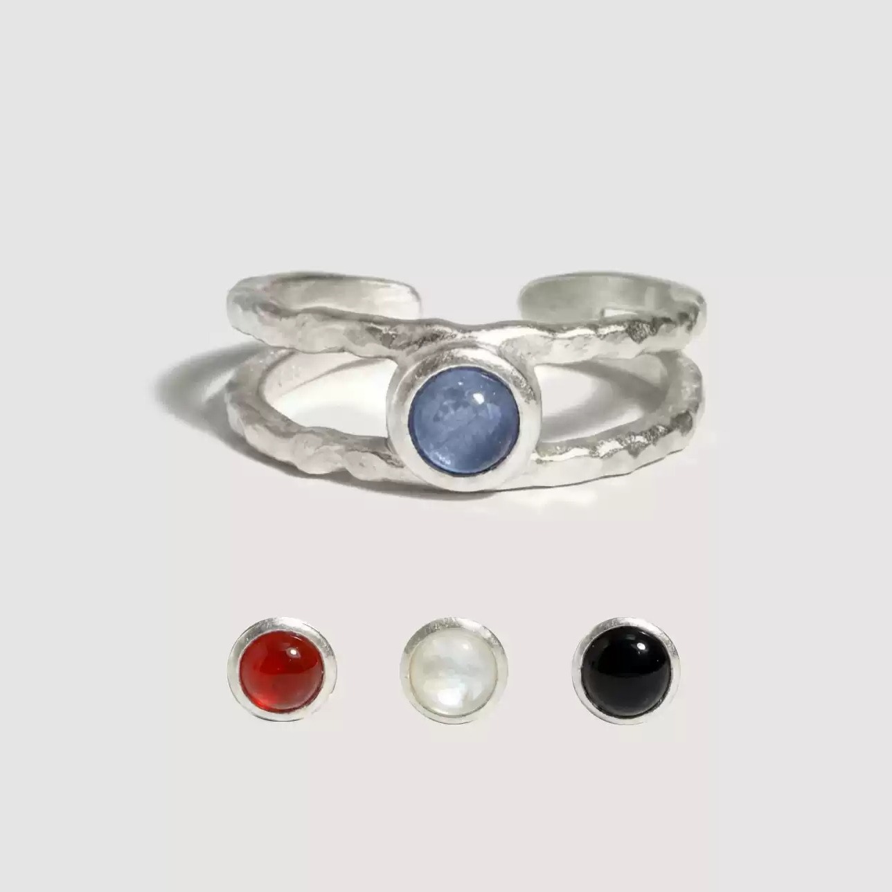 Hand-Forged 925 Sterling Silver Layered Gemstone Ring, Adjustable Vintage Design