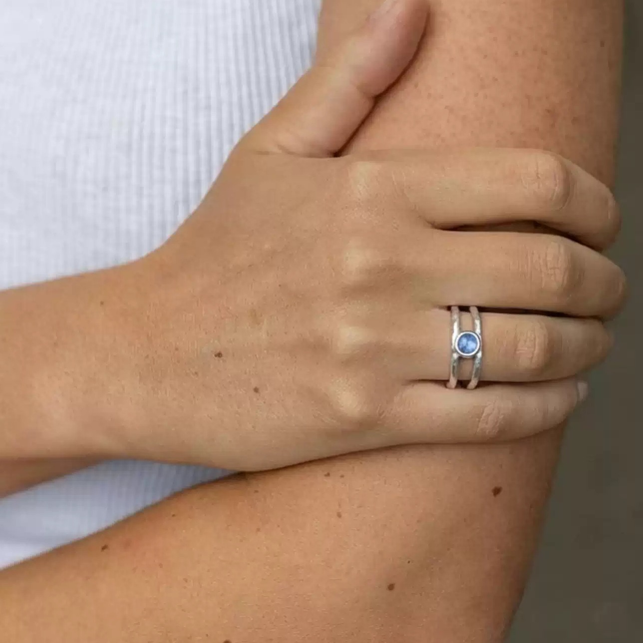 Hand-Forged 925 Sterling Silver Layered Gemstone Ring, Adjustable Vintage Design — original source image