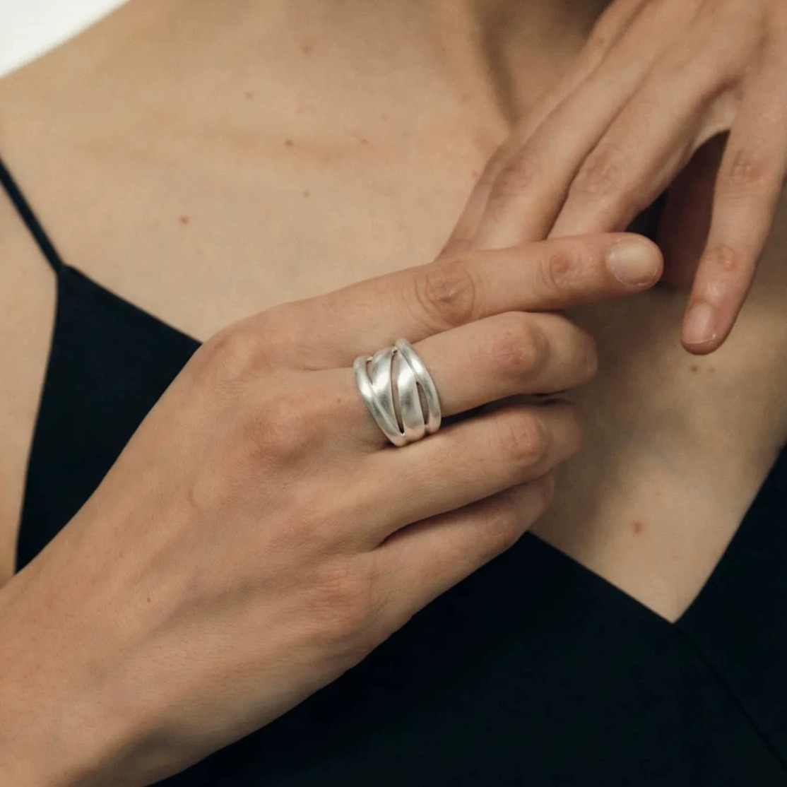 Vintage Matte Wavy Openwork Ring in Silver-Plated Copper — original source image
