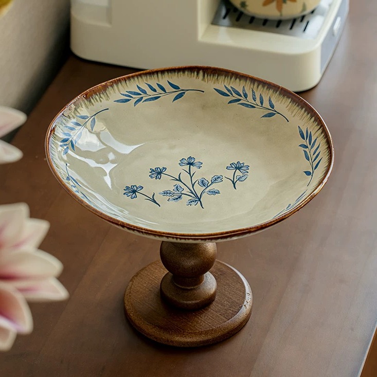 Artisanal Ceramic Pedestal Tray with Wooden Base product view