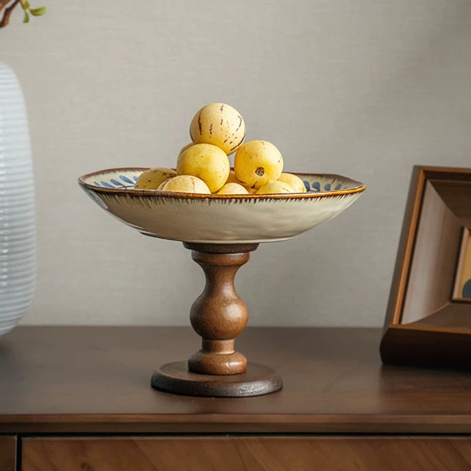 Artisanal Ceramic Pedestal Tray with Wooden Base product view