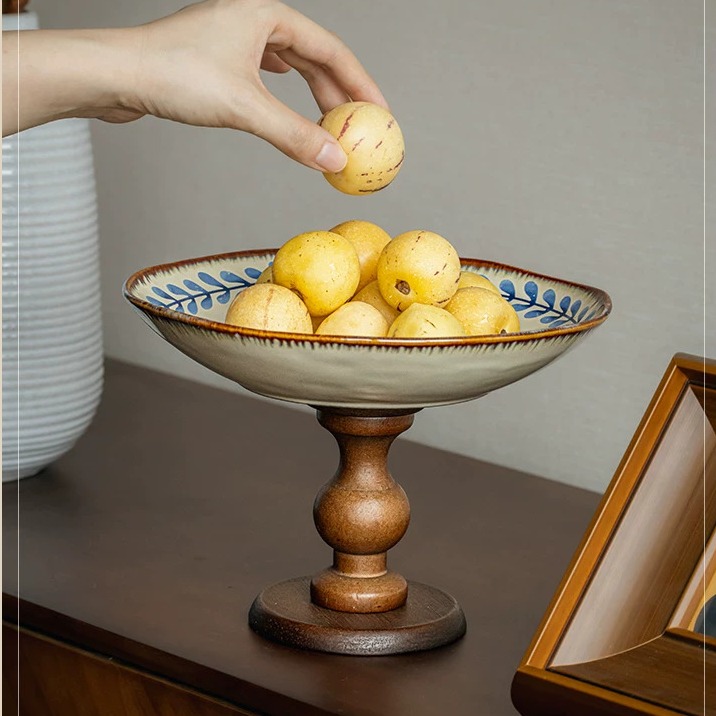 Artisanal Ceramic Pedestal Tray with Wooden Base product view