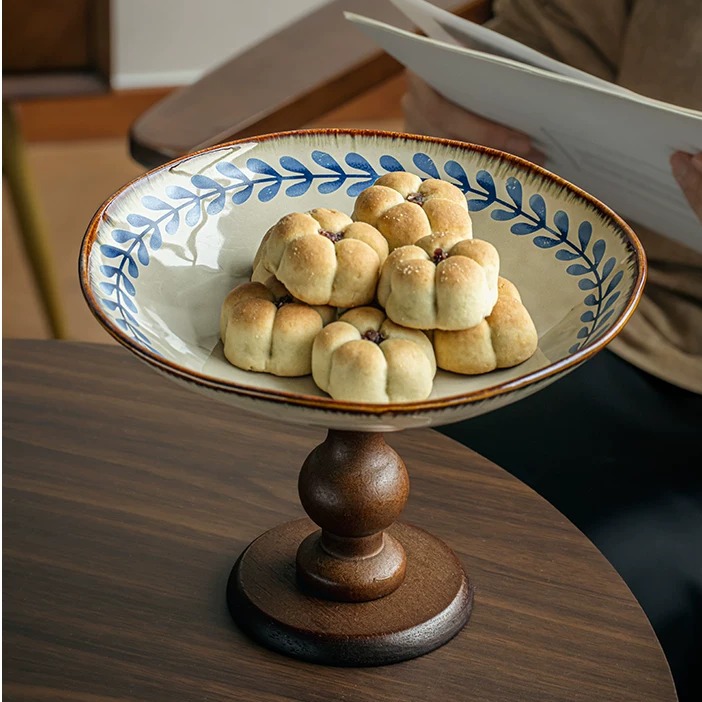 Artisanal Ceramic Pedestal Tray with Wooden Base product view