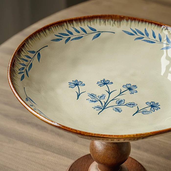 Artisanal Ceramic Pedestal Tray with Wooden Base product view