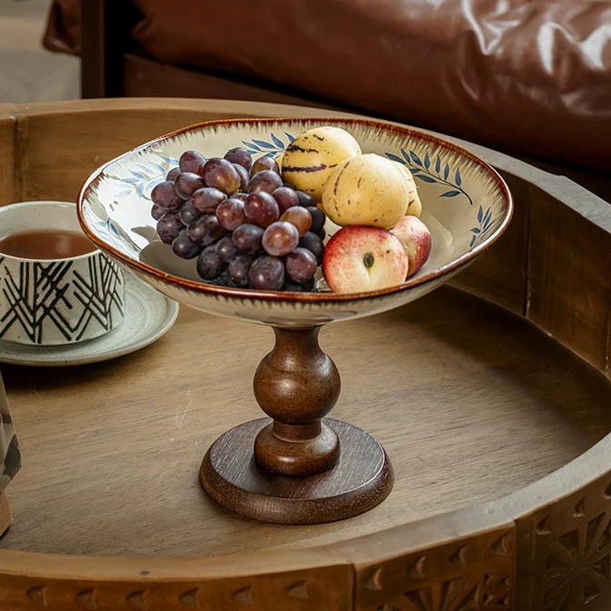 Artisanal Ceramic Pedestal Tray with Wooden Base product view