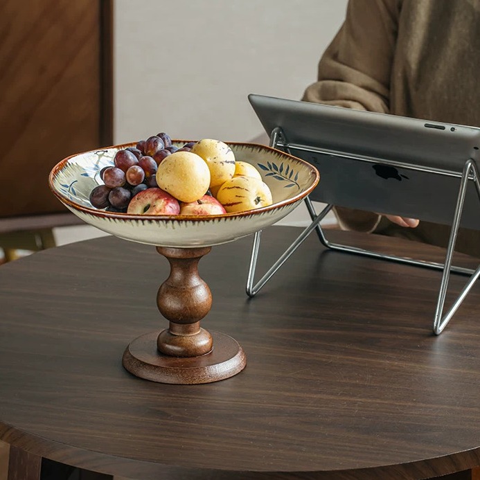 Artisanal Ceramic Pedestal Tray with Wooden Base product view