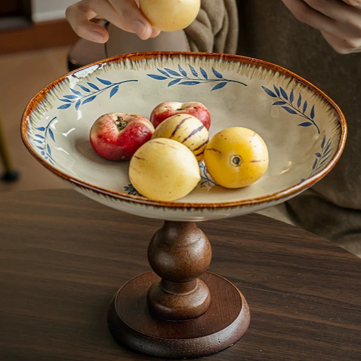 Artisanal Ceramic Pedestal Tray with Wooden Base product view