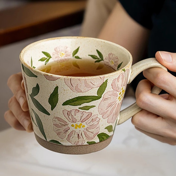 Artisan Ceramic Mug by Linsen Ceramics - Rain Lily & Pink Hibiscus Collection product view