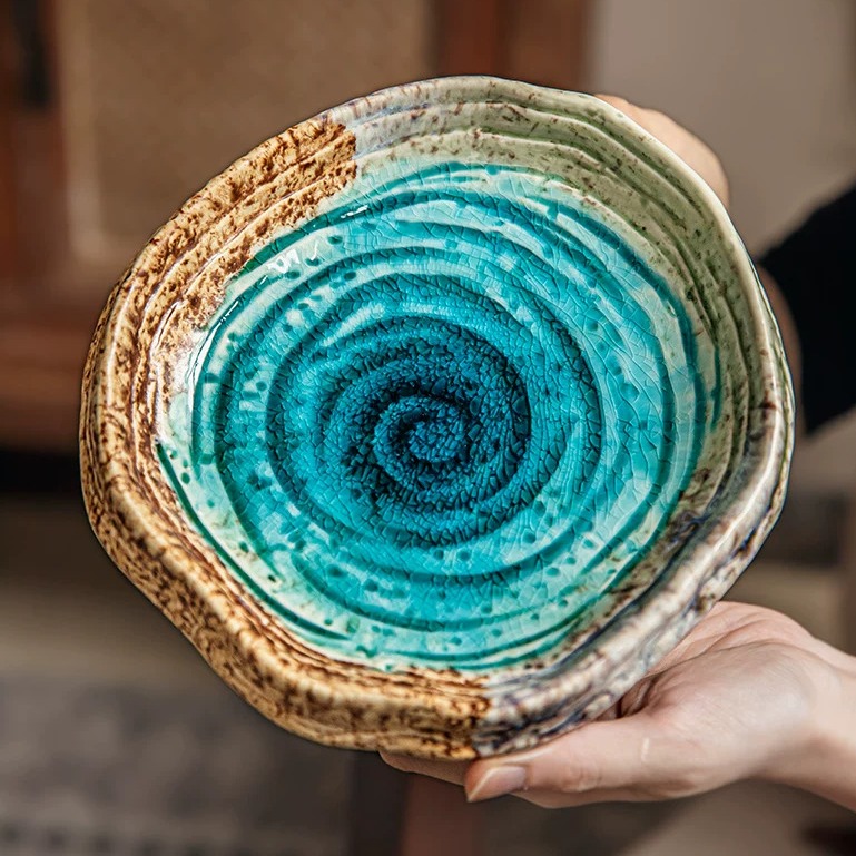 7.4" Handcrafted Ice Crack Glaze Salad Bowl - Minimalist Ceramic Serving Dish product view