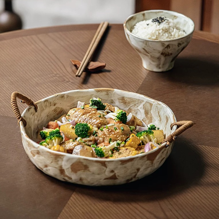 Hand-Finished Stoneware Bowl with Jute-Wrapped Handles product view