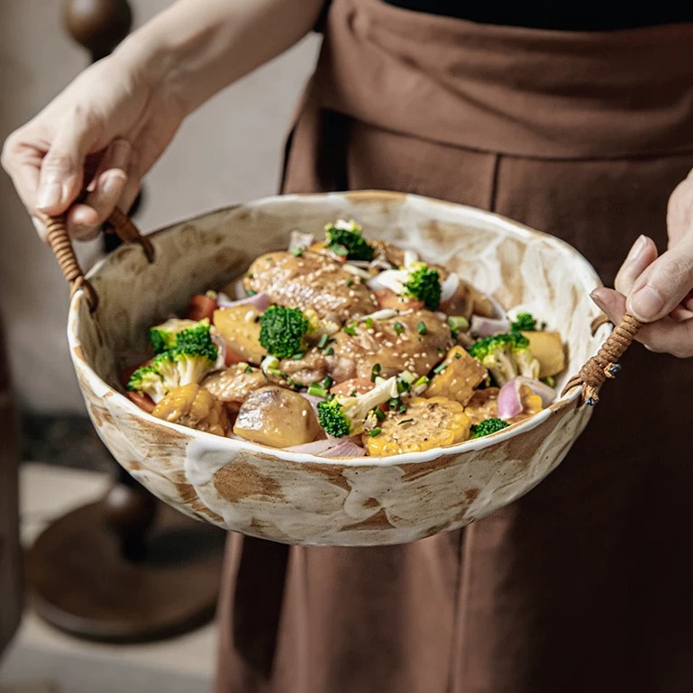 Hand-Finished Stoneware Bowl with Jute-Wrapped Handles product view