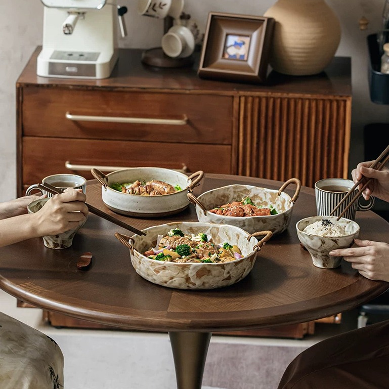 Hand-Finished Stoneware Bowl with Jute-Wrapped Handles product view