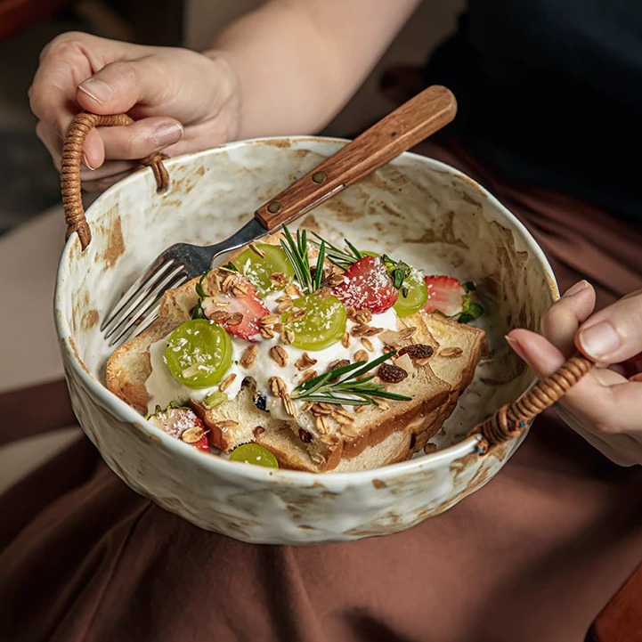 Hand-Finished Stoneware Bowl with Jute-Wrapped Handles product view
