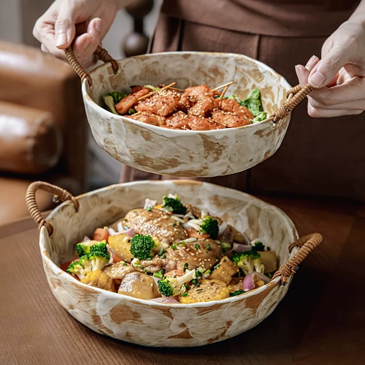 Hand-Finished Stoneware Bowl with Jute-Wrapped Handles product view