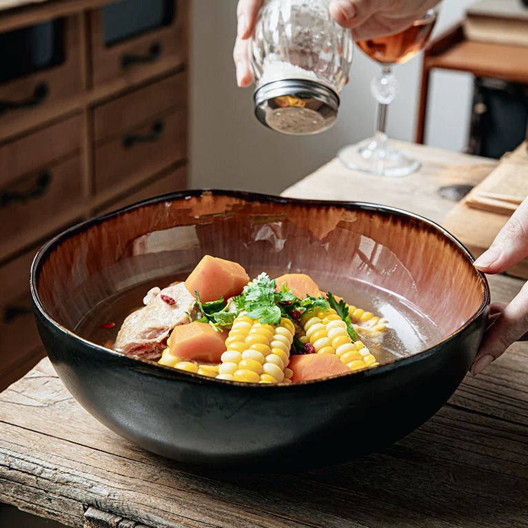 Irregular Handmade Ceramic Soup Bowl, 9.5-inch Serving Bowl product view