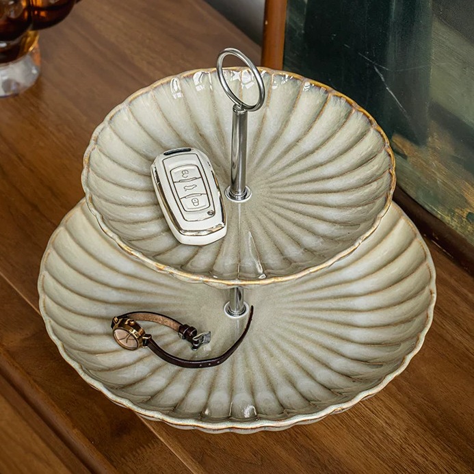 Handcrafted Ceramic Two-Tier Serving Tray with Handle product view