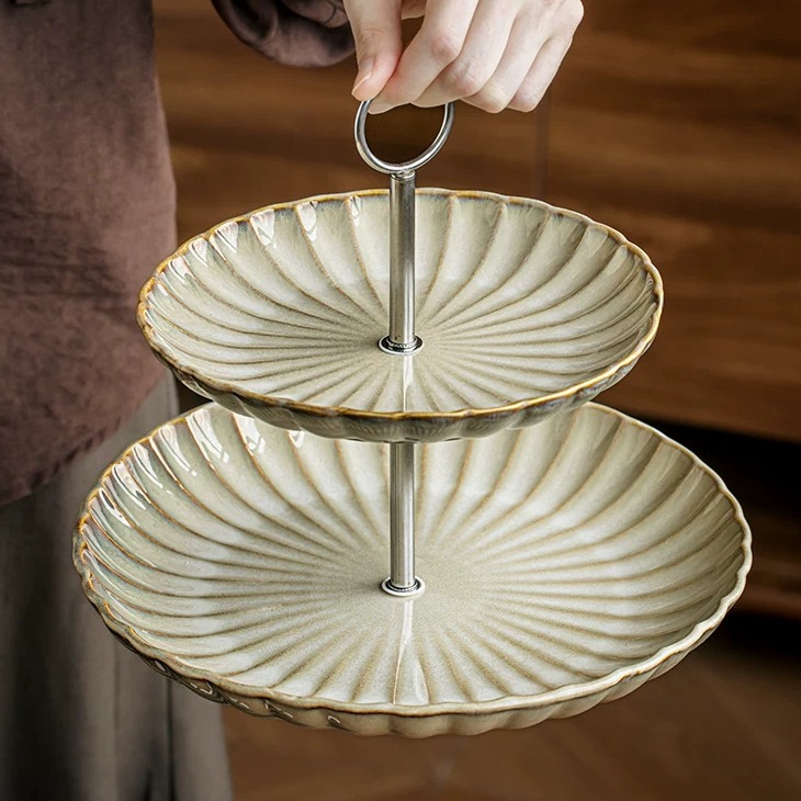 Handcrafted Ceramic Two-Tier Serving Tray with Handle product view