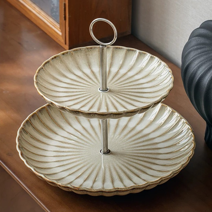 Handcrafted Ceramic Two-Tier Serving Tray with Handle product view