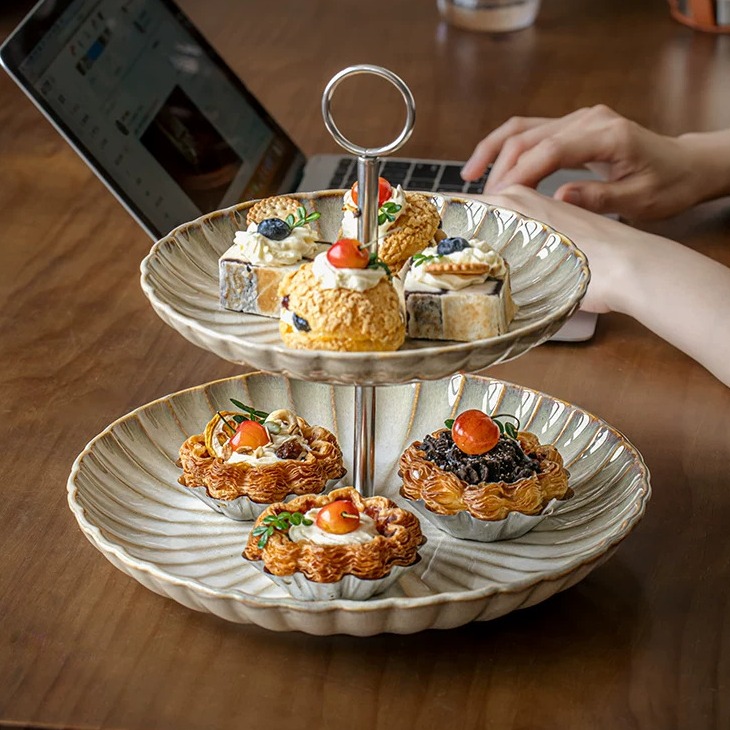 Handcrafted Ceramic Two-Tier Serving Tray with Handle product view