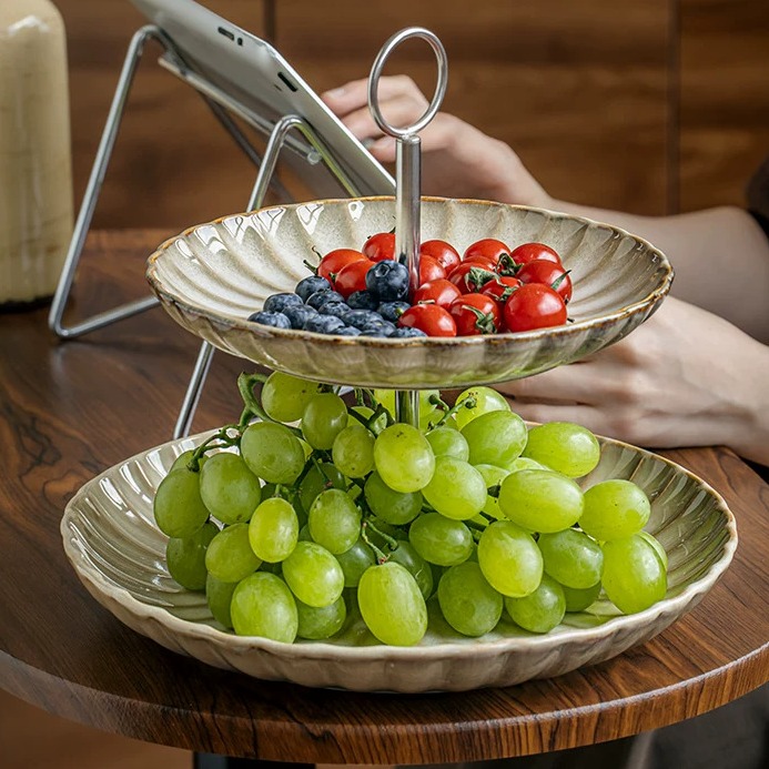 Handcrafted Ceramic Two-Tier Serving Tray with Handle product view