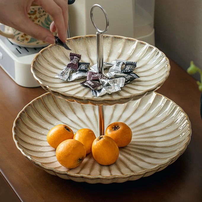 Handcrafted Ceramic Two-Tier Serving Tray with Handle product view