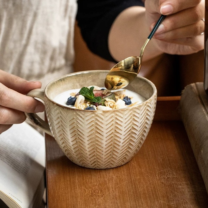 Retro Embossed Ceramic Breakfast Mug product view