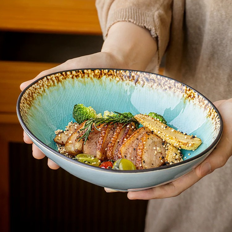 Handcrafted Irregular Ice Crackle Glaze Ceramic Bowl, 8-inch product view
