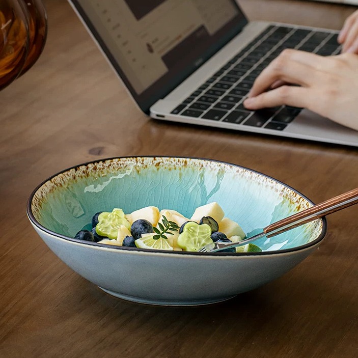 Handcrafted Irregular Ice Crackle Glaze Ceramic Bowl, 8-inch product view