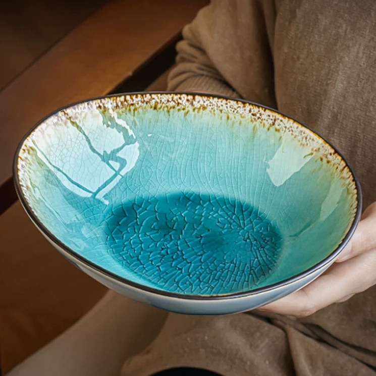 Handcrafted Irregular Ice Crackle Glaze Ceramic Bowl, 8-inch product view
